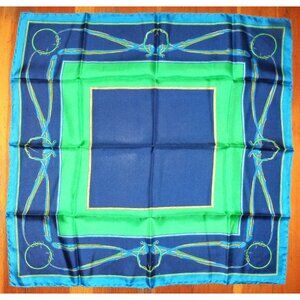 Vtg Abstract Art SILK SCARF 22"x23" Royal & Light Blue Kelly Green HandRolled